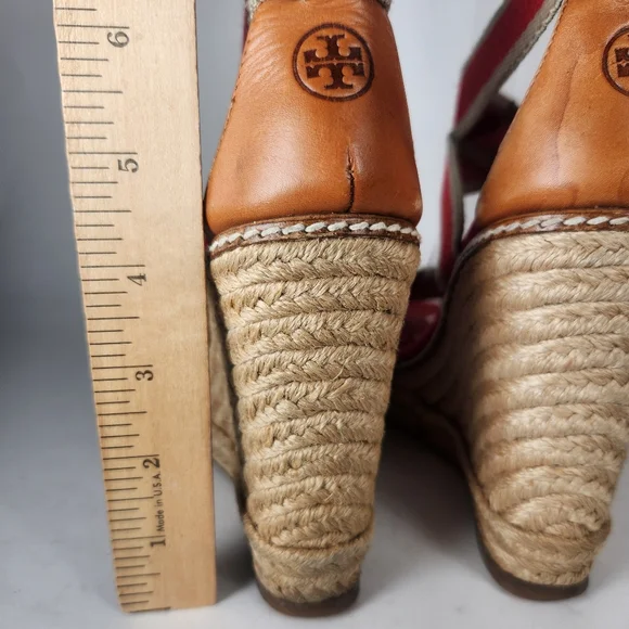 TORY BURCH Women's Adonis Espadrille Sandal Size 5 Red Wedge Leather Made Spain - Picture 8 of 12